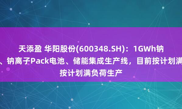 天添盈 华阳股份(600348.SH)：1GWh钠离子电芯、钠离子Pack电池、储能集成生产线，目前按计划满负荷生产