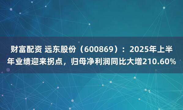 财富配资 远东股份（600869）：2025年上半年业绩迎来拐点，归母净利润同比大增210.60%