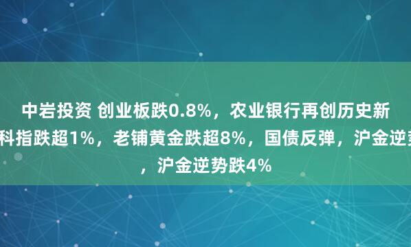 中岩投资 创业板跌0.8%，农业银行再创历史新高，恒科指跌超1%，老铺黄金跌超8%，国债反弹，沪金逆势跌4%